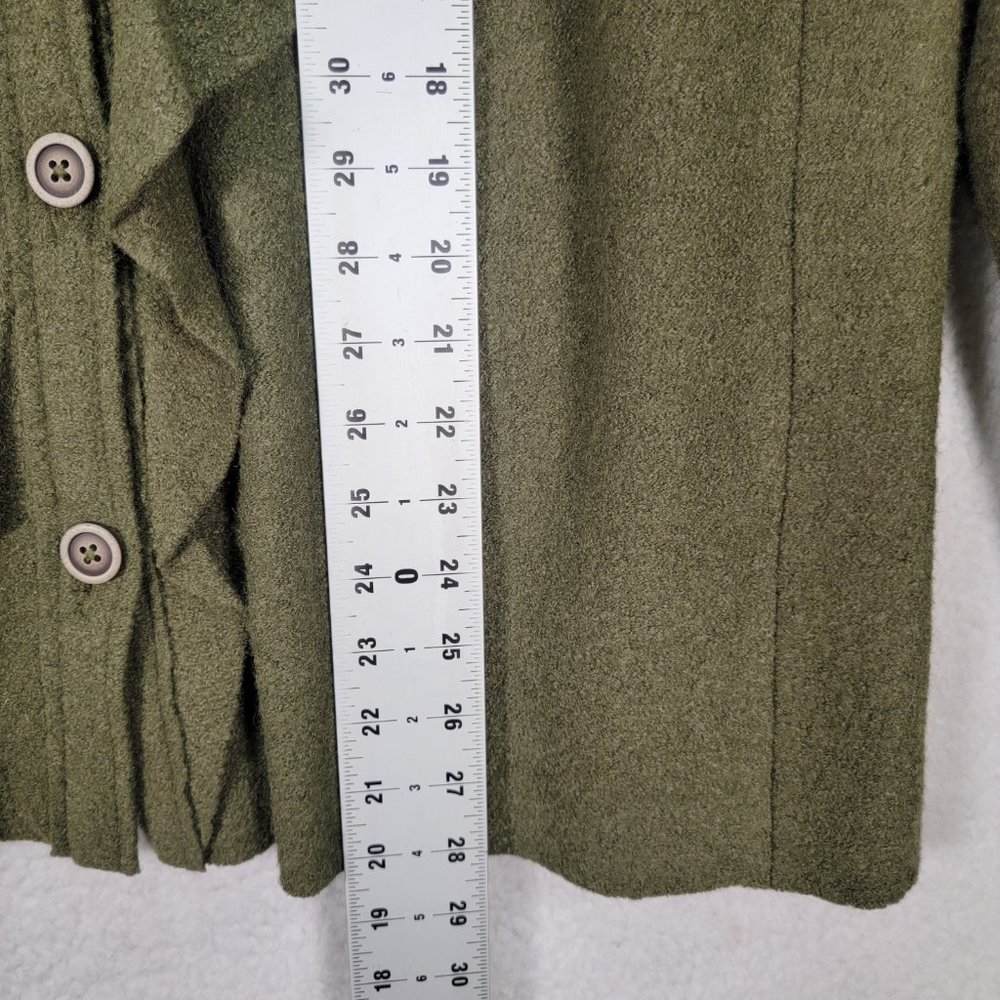 Y2K Chico's Green Wool Blend Ruffled Round Neck Button Up Maximalist Jacket Coat - Picture 8 of 15
